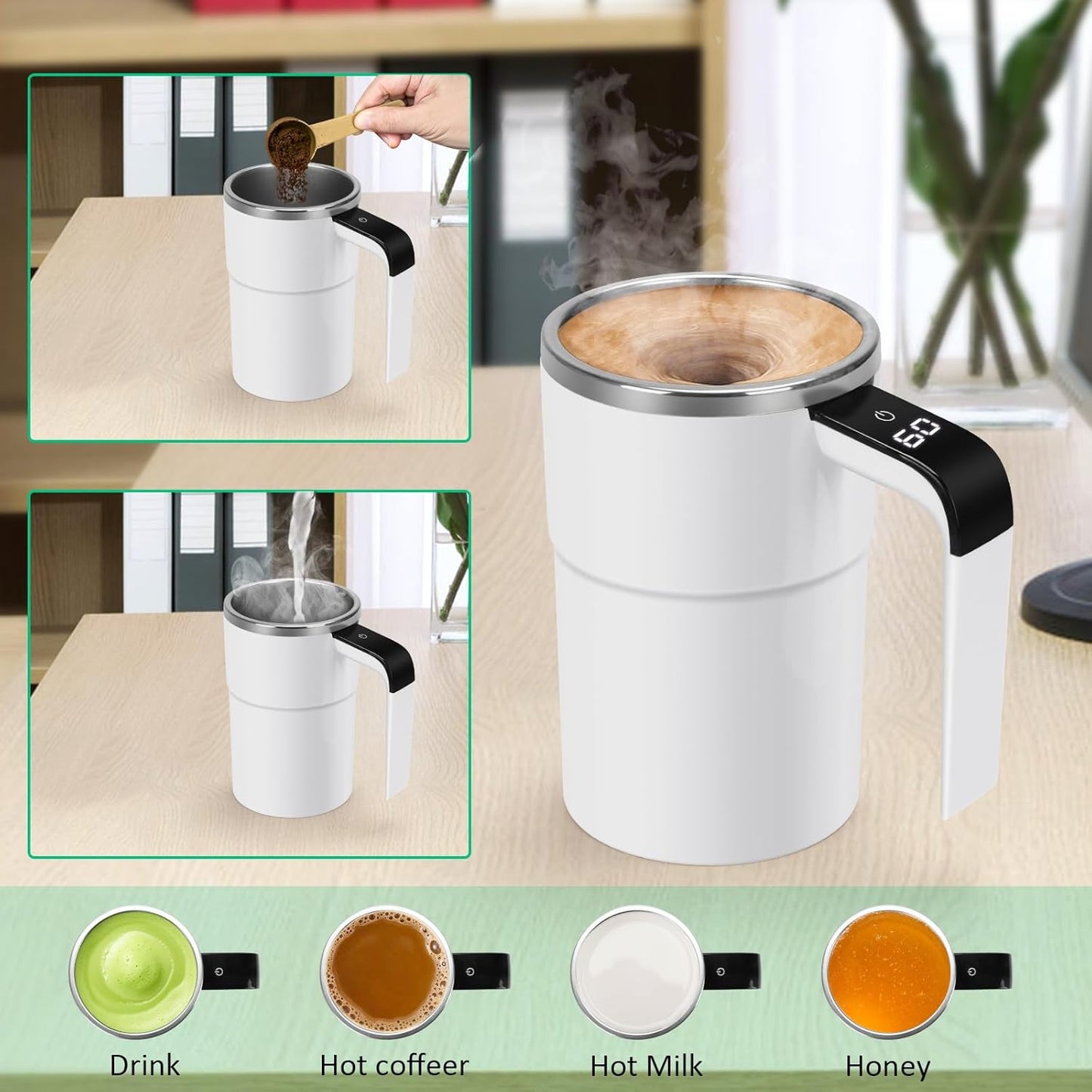 Self Stirring WHITE Mug. Auto Magnetic Coffee Mug with LED Display Temperature. Rechargeable Automatic Stirring Cup. 12oz Self Mixing Cup with Lid To Stir Coffee Mixed Milk at Desk Use