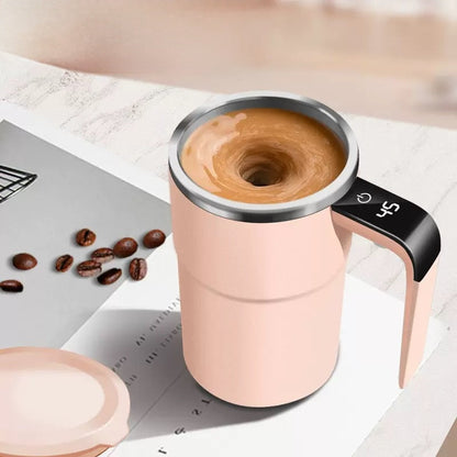 Self Stirring WHITE Mug. Auto Magnetic Coffee Mug with LED Display Temperature. Rechargeable Automatic Stirring Cup. 12oz Self Mixing Cup with Lid To Stir Coffee Mixed Milk at Desk Use