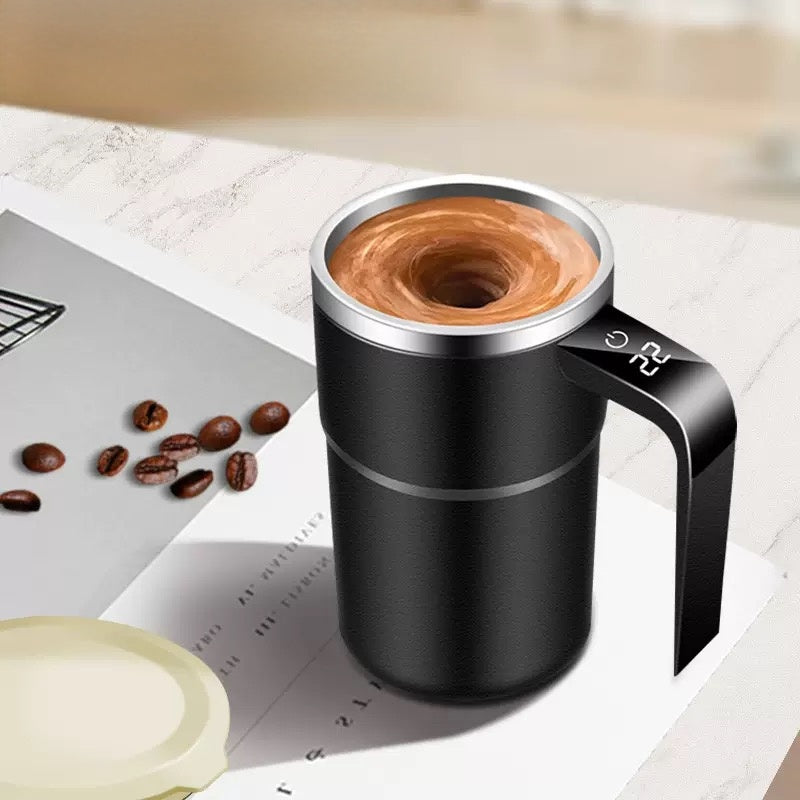 Self Stirring WHITE Mug. Auto Magnetic Coffee Mug with LED Display Temperature. Rechargeable Automatic Stirring Cup. 12oz Self Mixing Cup with Lid To Stir Coffee Mixed Milk at Desk Use
